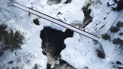 winter aerial birds eye view of bridge over onaping falls, push in