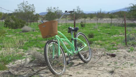 Una-Bicicleta-De-Playa-Verde-Descansando-Contra-Una-Valla-En-El-Desierto-De-Anza-Borrego-Rodeada-De-Montañas,-Exuberante-Hierba-Verde-Y-Una-Valla-Oxidada