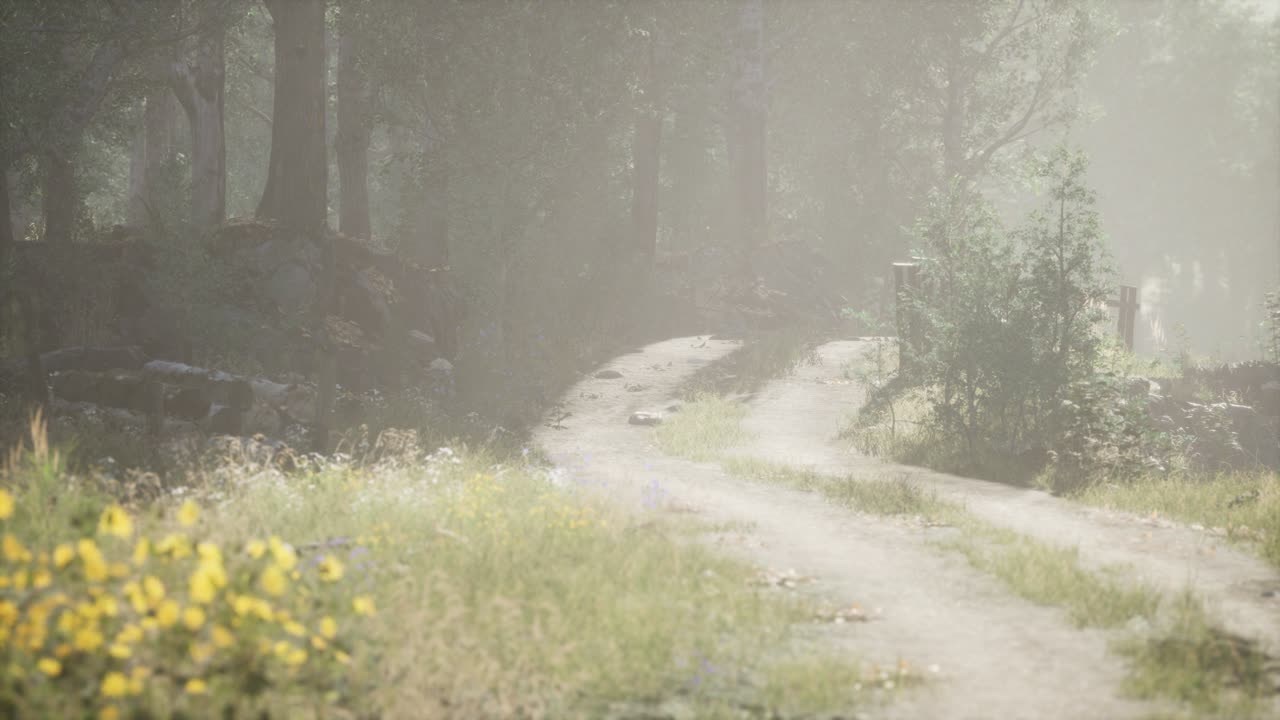 안개 가 가득 한 여름 아침 에  ⁇ 나무 들 에 들어오는  ⁇ 빛