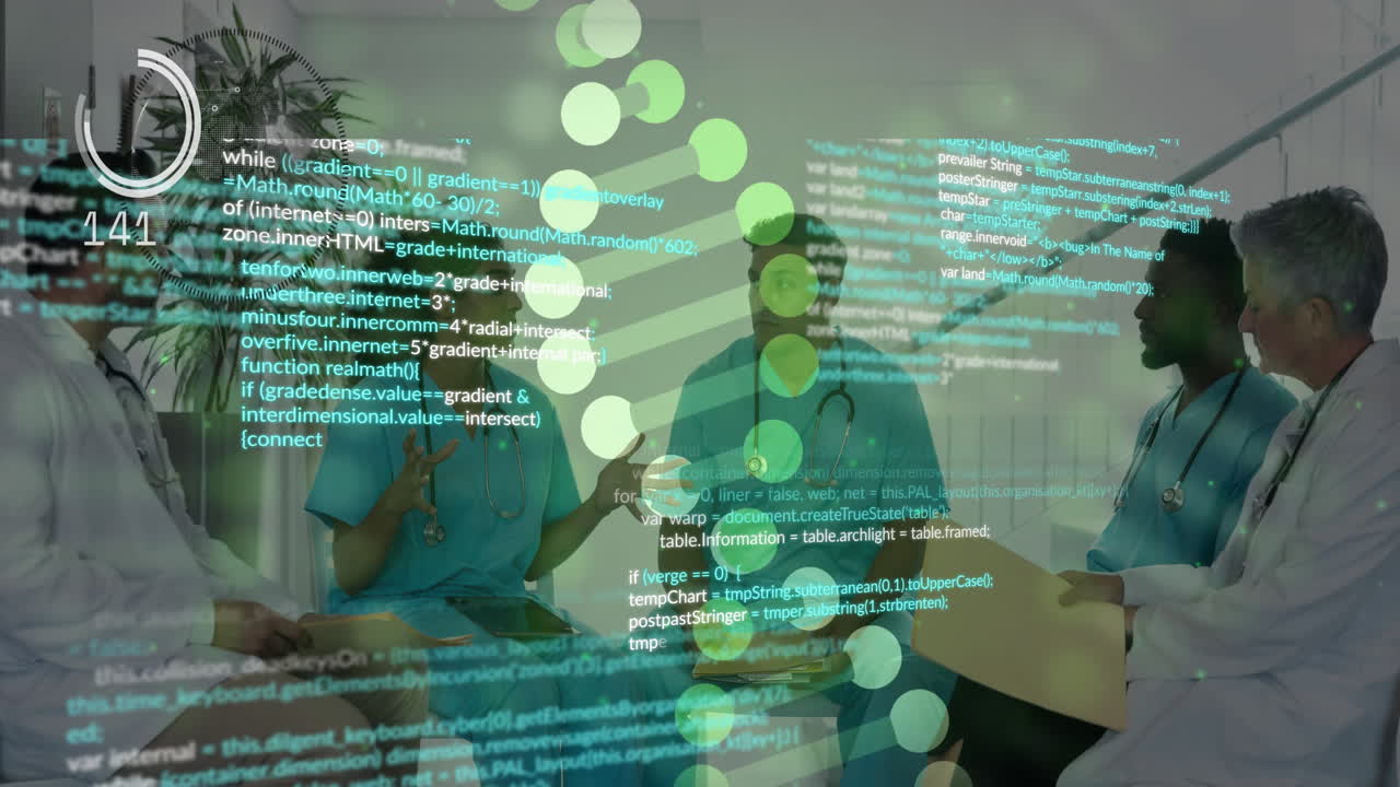 In hospital, medical professionals discussing with digital animation overlaying scene