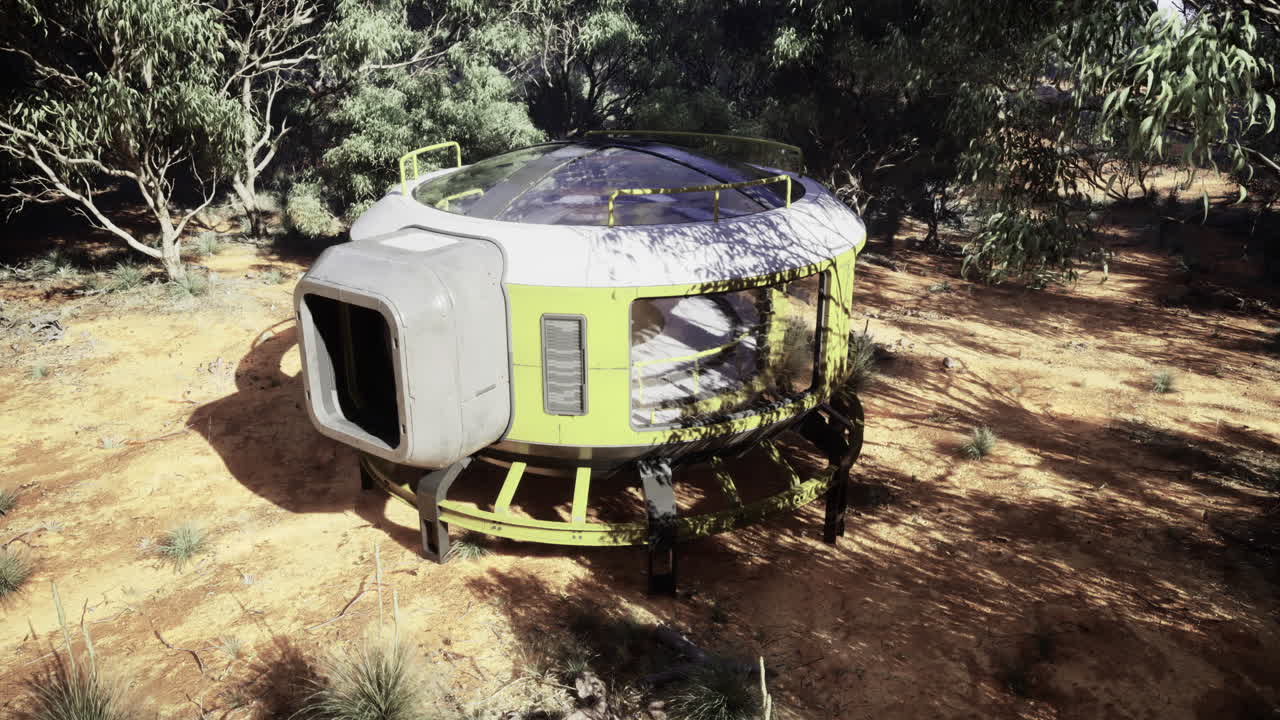 Futuristic habitat situated in a remote forested area during daylight