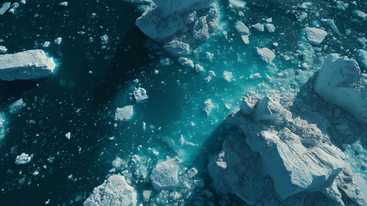 Aerial View of Icebergs Floating in Turquoise Waters, Capturing the Majestic Beauty of a Glacial Landscape Amidst Calm Blue Tones and Clear Skies