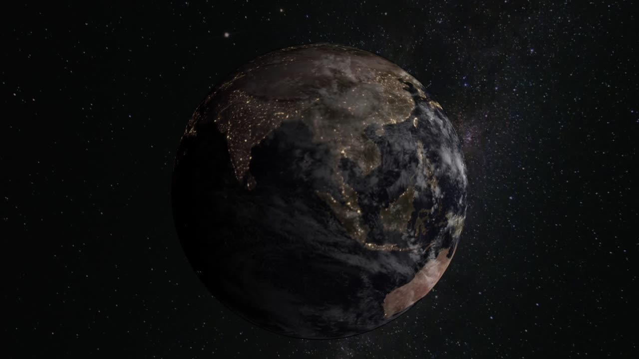 planeta tierra mundo globo espacio vía láctea rotación estrellas universo ciencia geografía sol luz ciudad luces lapso de tiempo