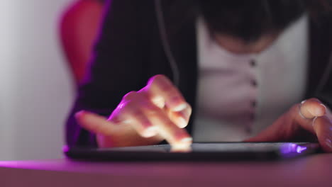 hands, tablet and woman typing on digital web