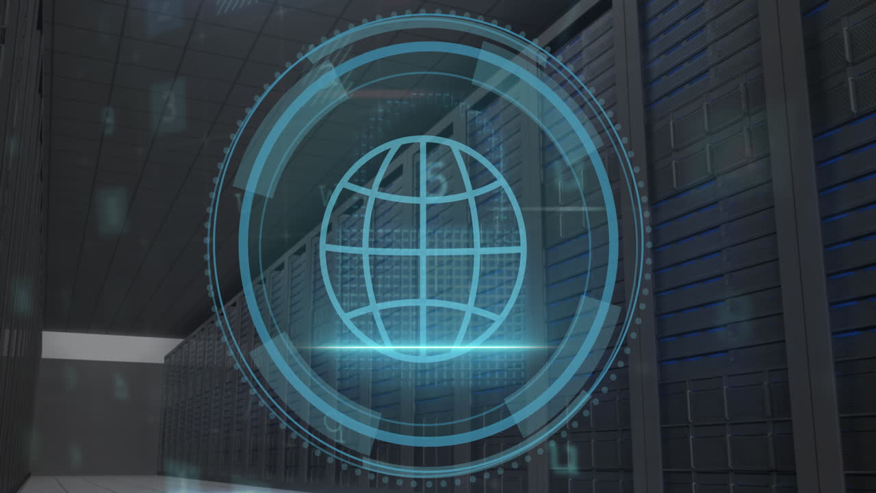 Animazione dell'icona del globo web ed elaborazione dati di sicurezza informatica su sala server