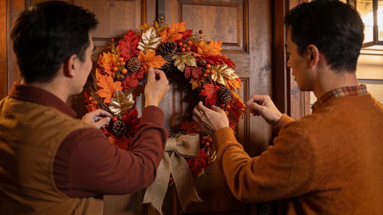 Sollevando una ghirlanda autunnale, due uomini in abbigliamento autunnale che sistemano foglie e fiocco sulla porta d'ingresso, decorando