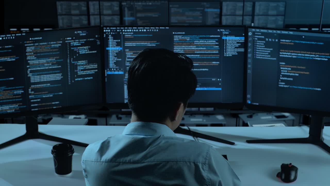 vista trasera de un desarrollador asiático cansado bostezando antes de dormir mientras escribe código con múltiples pantallas de computadora en la oficina