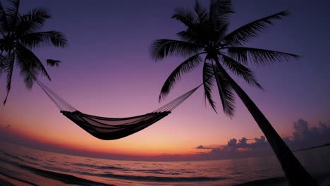 tropical sunset with hammock and palm trees on the beach