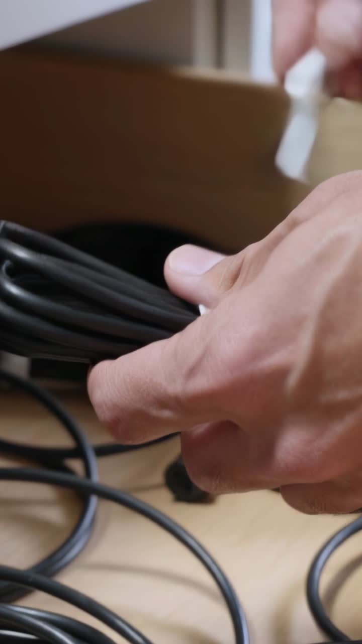Vertical video: Entering tech hand selecting black coil on shelf, fastening white tie for storage