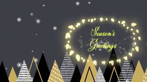 Animation-of-christmas-greetings-in-fairy-lights-frame-over-christmas-trees-background