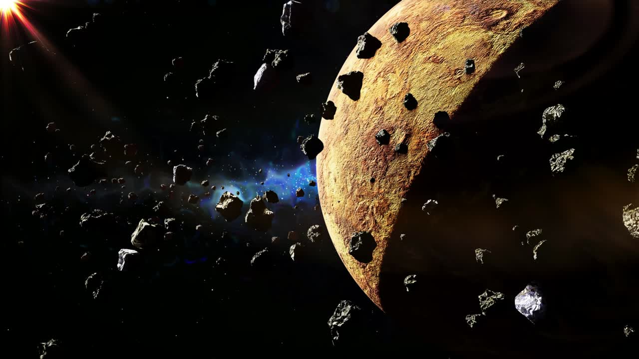 우주 예술. 소행성이 행성을 돌고 날아다닙니다.