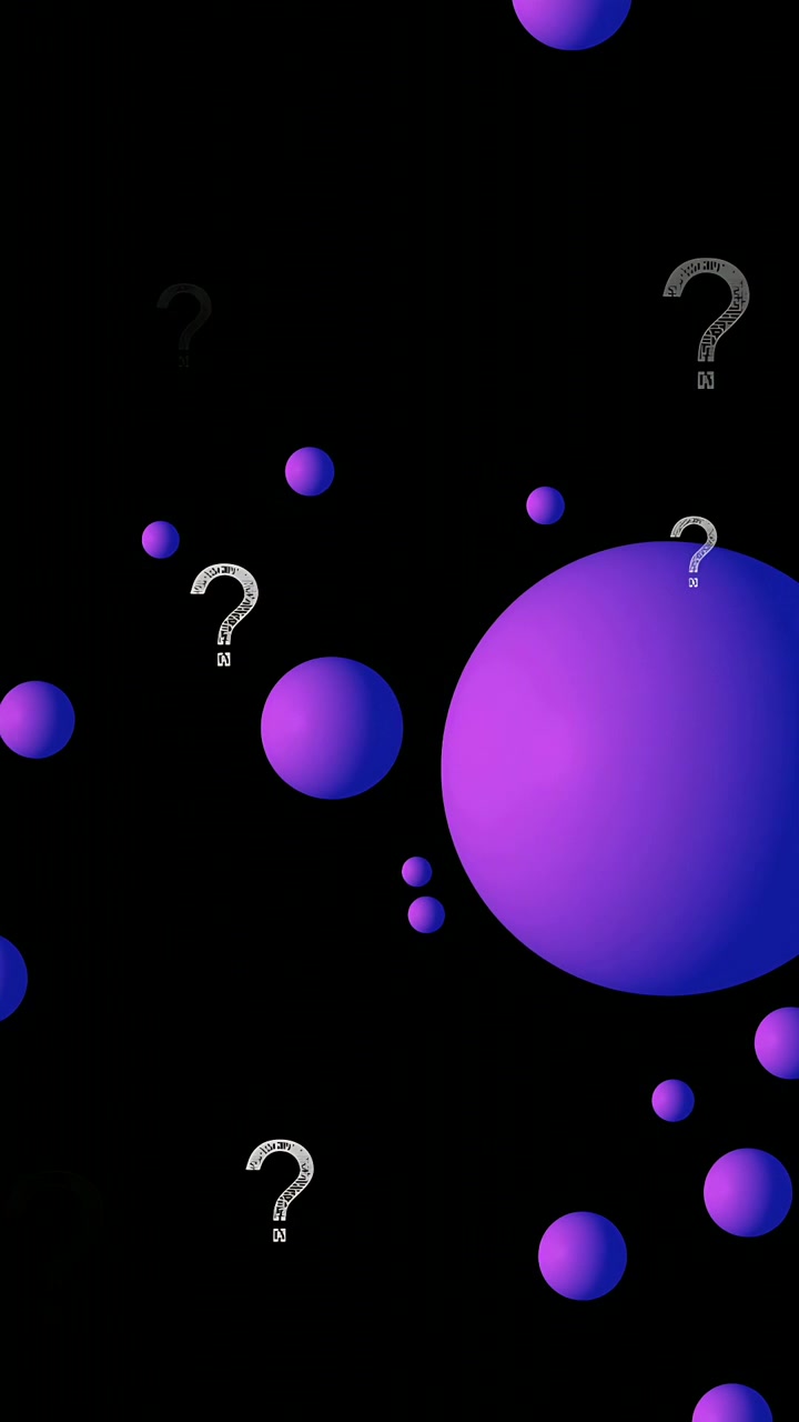 Vertical video: Big sphere popping left making orbs moving scaling giving depth with question marks