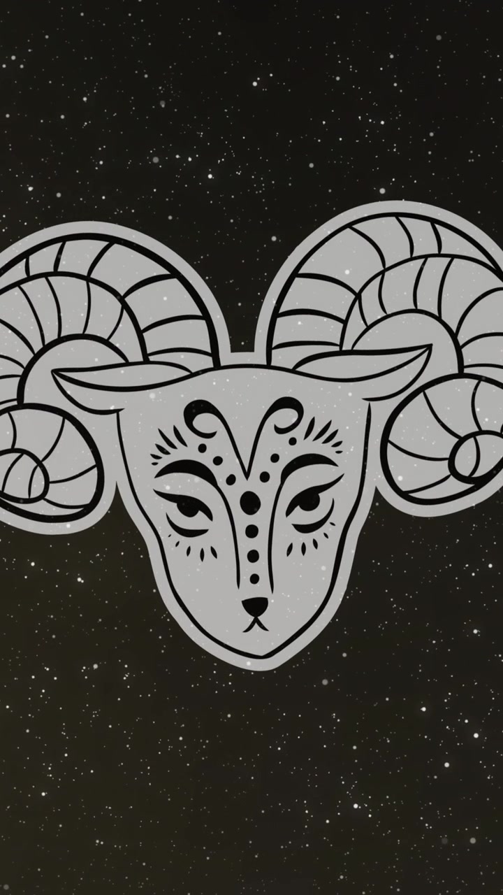 Animación de una oveja del signo zodiacal Aries sobre un cielo estrellado y un destello iluminado