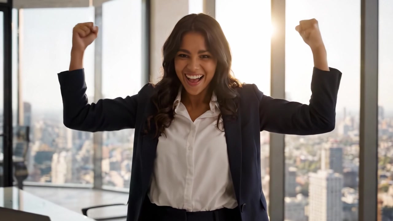 Uma mulher profissional celebra suas conquistas em um escritório moderno com uma vista deslumbrante do horizonte da cidade, capturando momentos de sucesso e alegria no trabalho.