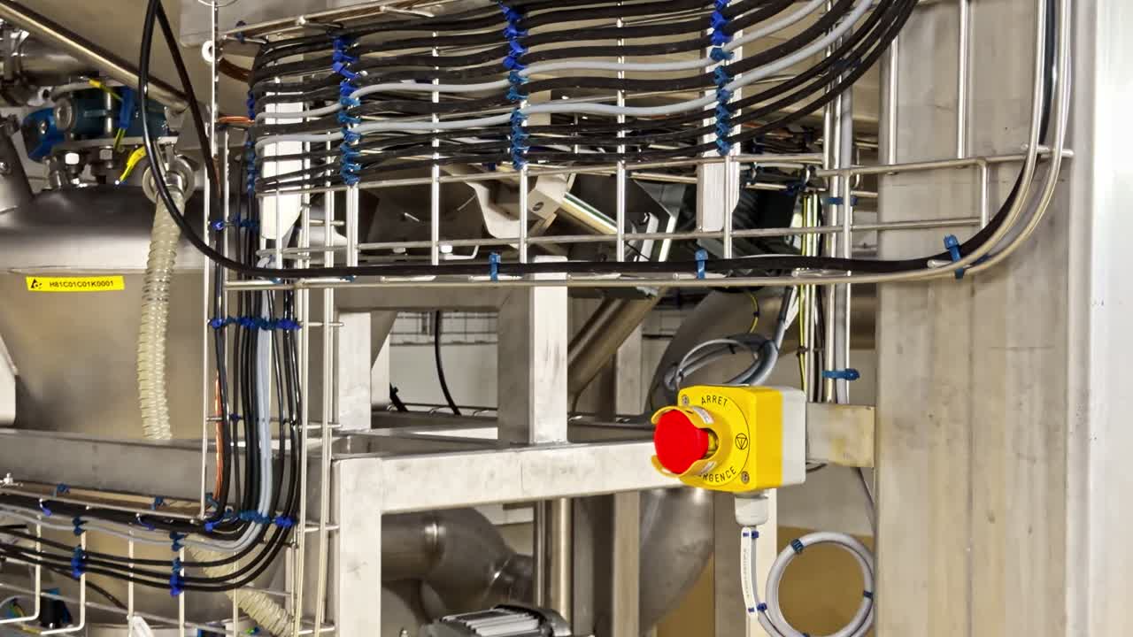 Pulsante di emergenza. Dettagli in primo piano di un sistema di tubazioni industriali con valvole e apparecchiature di controllo