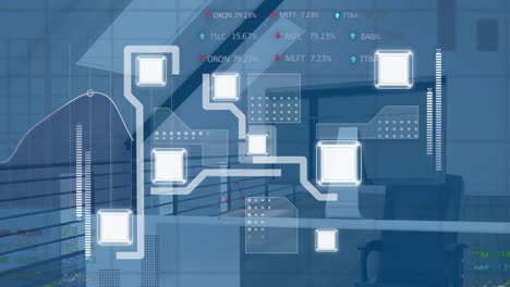 Animation-of-network-of-connections-and-data-processing-over-empty-office