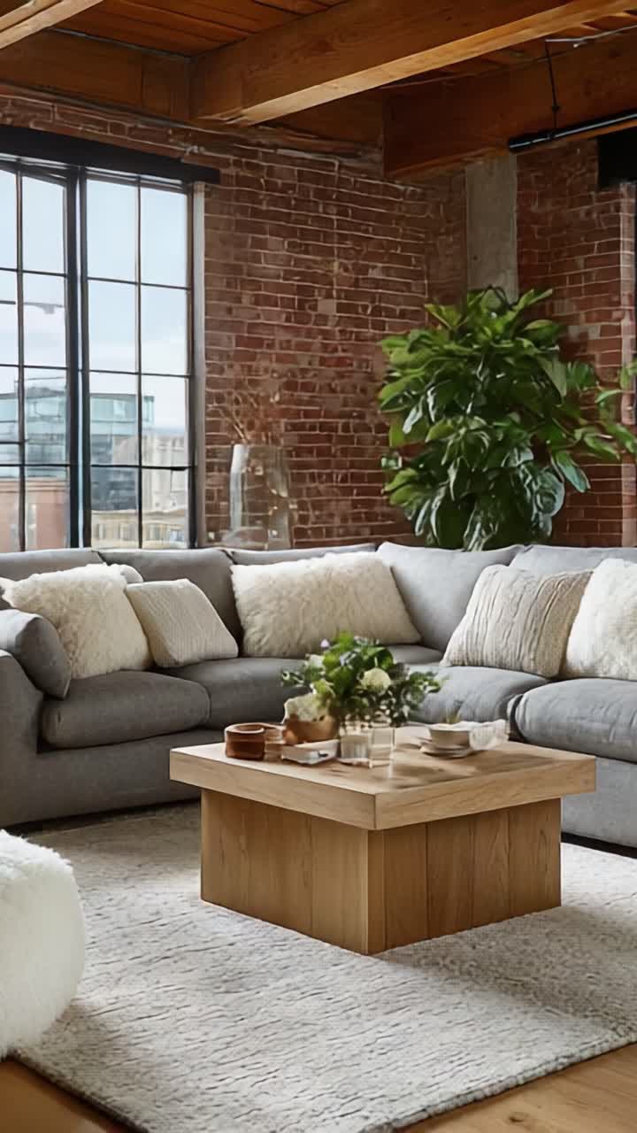Elegantní design obývacího pokoje s útulnou šedou pohovkou, konferenčním stolkem z přírodního dřeva a svěží zelení, ideální pro moderní atmosféru hygge v domácím interiéru.