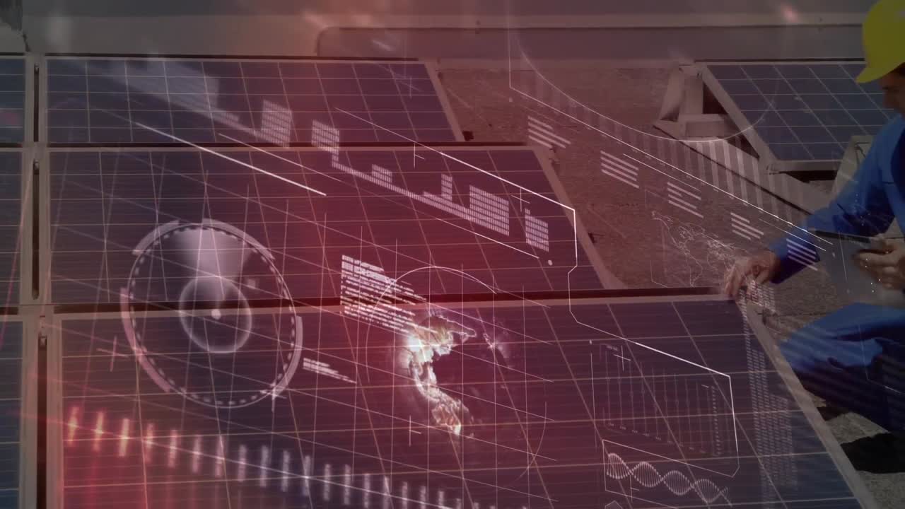 animación del procesamiento de datos sobre un ingeniero caucásico chequeando los paneles solares instalados en la terraza.