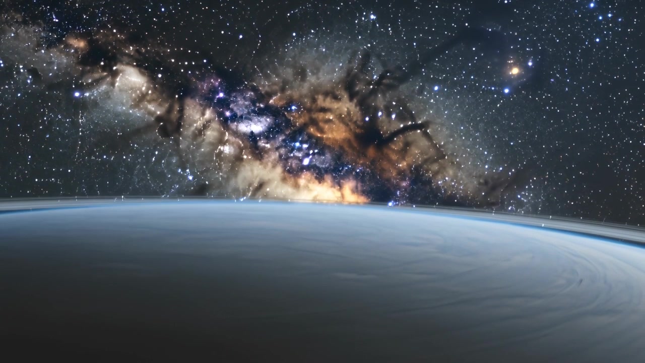 Câmera se afastando para revelar o limbo planetário, névoa fina, redemoinho ciclônico em órbita, mostrando a Via Láctea