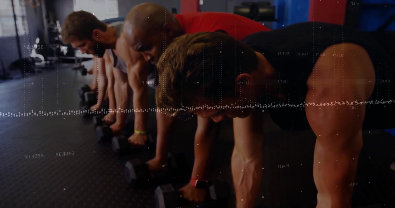 Workout partners holding plank on rubber mat doing alternating dumbbell rows with waveform overlay
