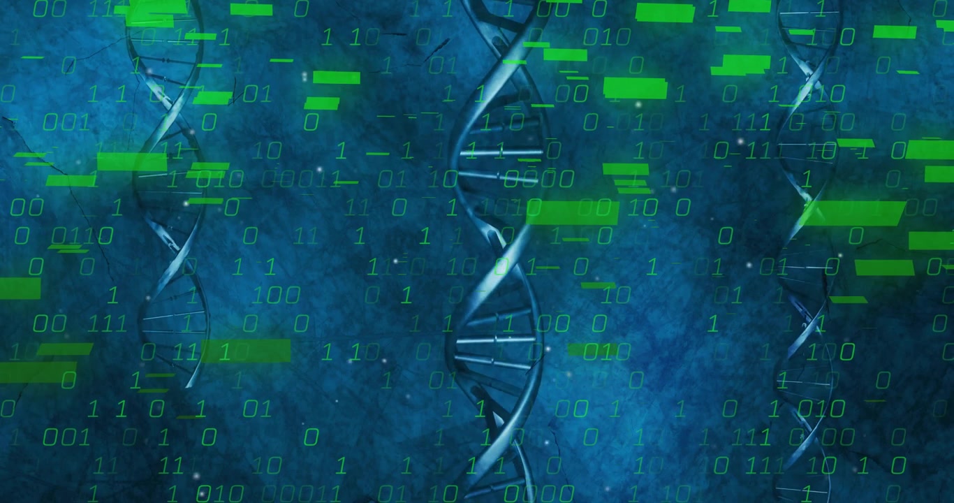 Green data blocks sliding causing binary code drifting helices rotating representing genomic data