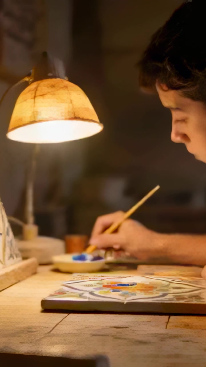 Vertical video: Dipping brush, teen male decorating tile with blue paint at workbench in dark top