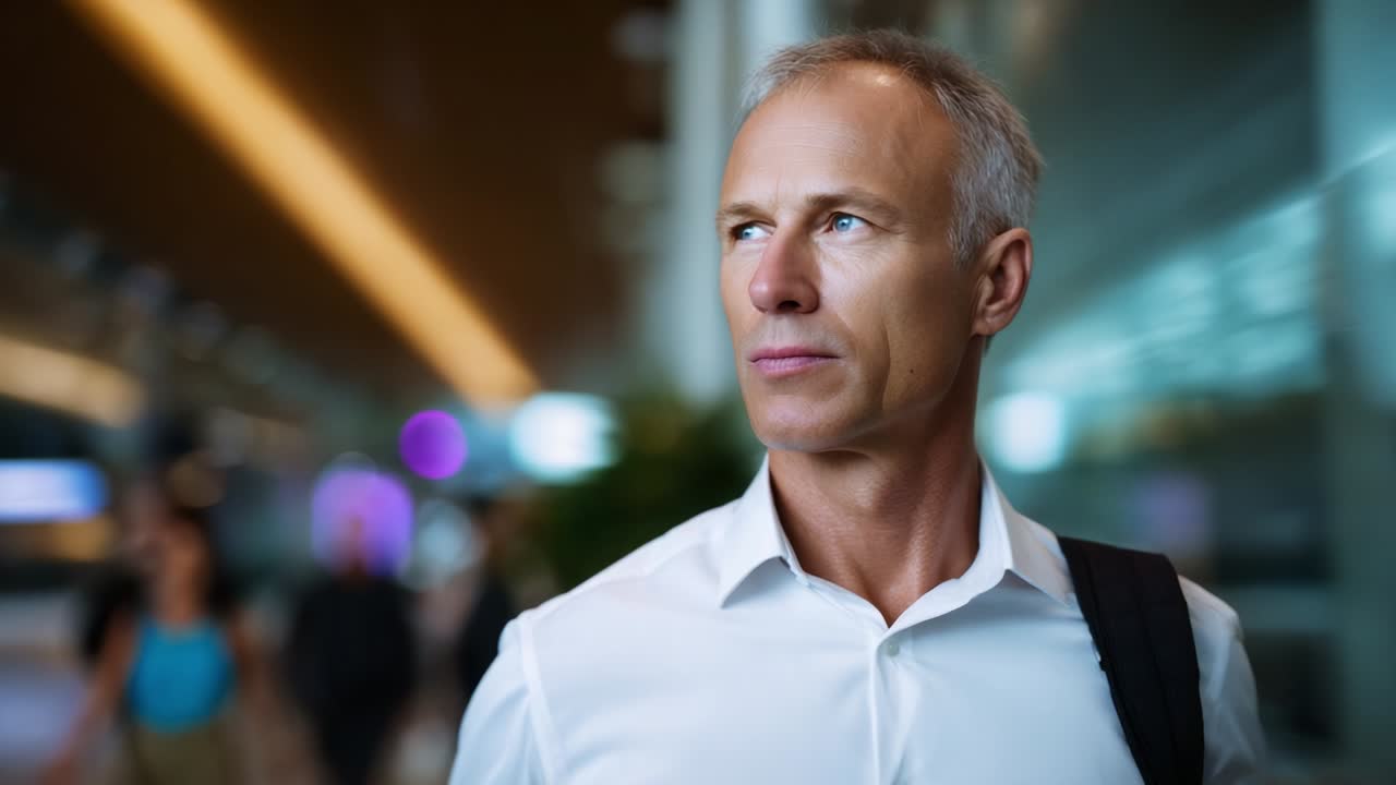 A contemplative middle-aged man stands in an airport terminal, gazing thoughtfully into the distance, exuding confidence and a sense of purpose in a bustling travel environment