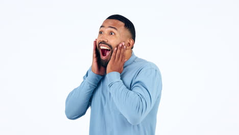 wow, excited and hands on face of man in studio