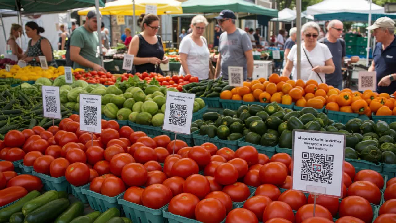 Vibrant Market Scene Showcasing Colorful Fresh Produce with Shoppers Engaged in Choosing Healthy Options at a Local Farmers' Market Event