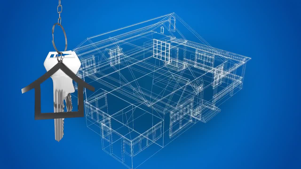 llaves de la casa y llaves colgando sobre el dibujo arquitectónico 3d en el fondo