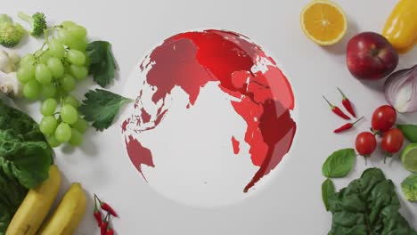 Animation-Eines-Globus,-Der-Sich-über-Obst-Und-Gemüse-Auf-Weißem-Hintergrund-Dreht