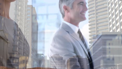 animación del apretón de manos empresarial y el paisaje urbano