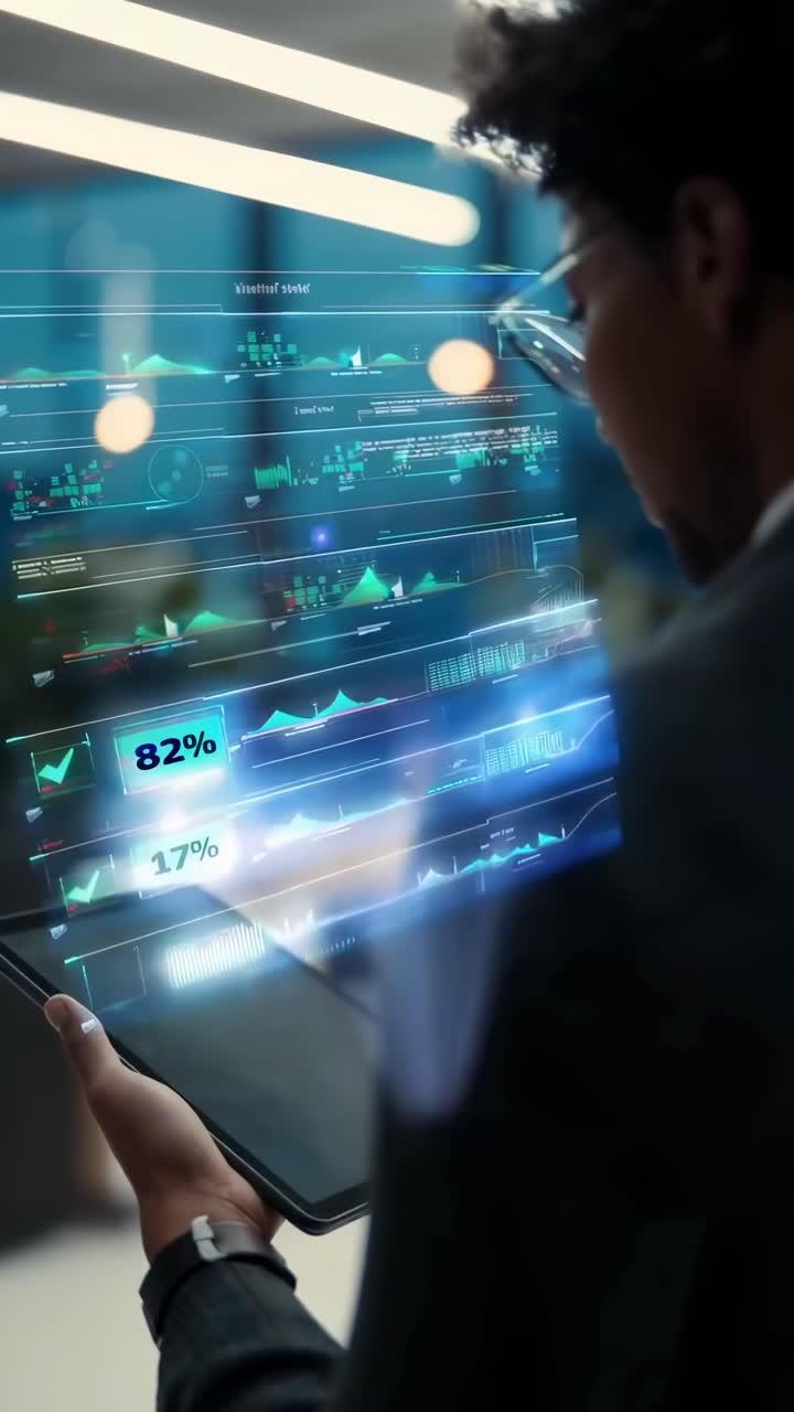Angolazione laterale di una persona che usa un tablet con grafici olografici, concetto video futuristico.