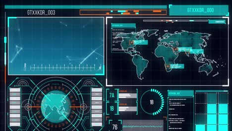 Animation-of-interface-with-spinning-globe,-world-map-and-data-processing-on-blue-background