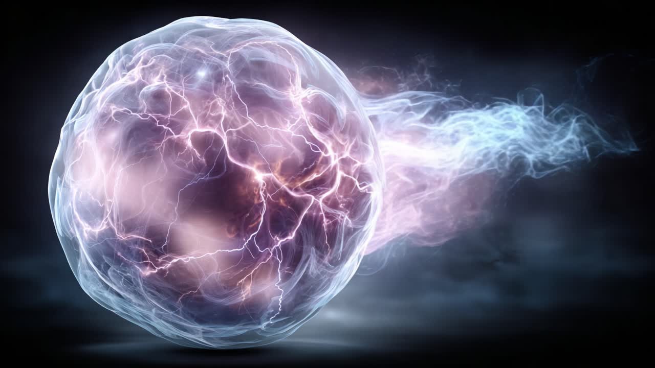 Una rappresentazione visiva accattivante di forze energetiche che si sprigionano da una sfera scintillante di plasma elettrico, mettendo in mostra movimenti dinamici ed effetti di luce eterei.