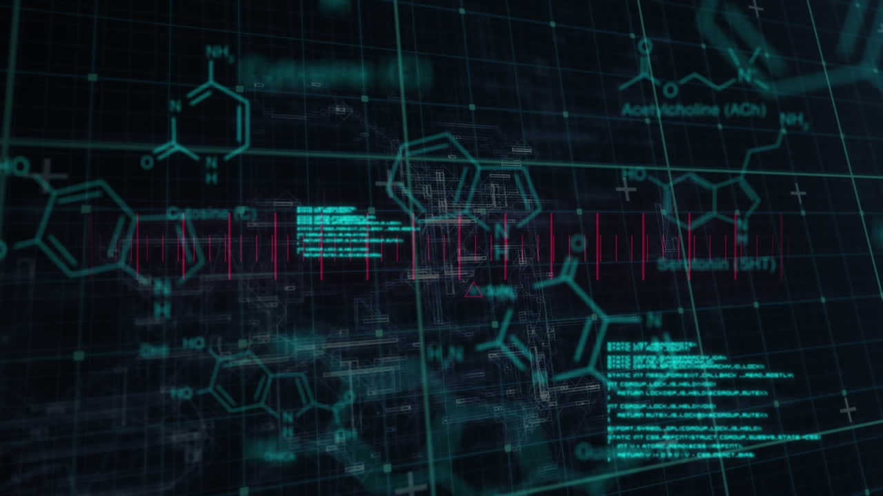 animación del procesamiento de datos y la fórmula química sobre líneas en fondo negro