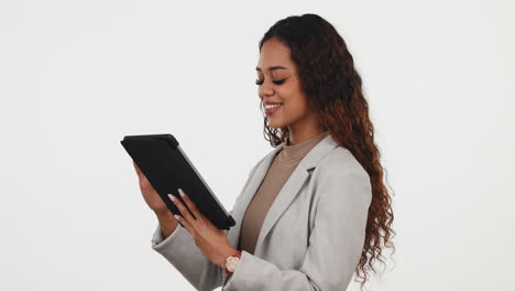 Face,-business-woman-and-tablet-in-studio