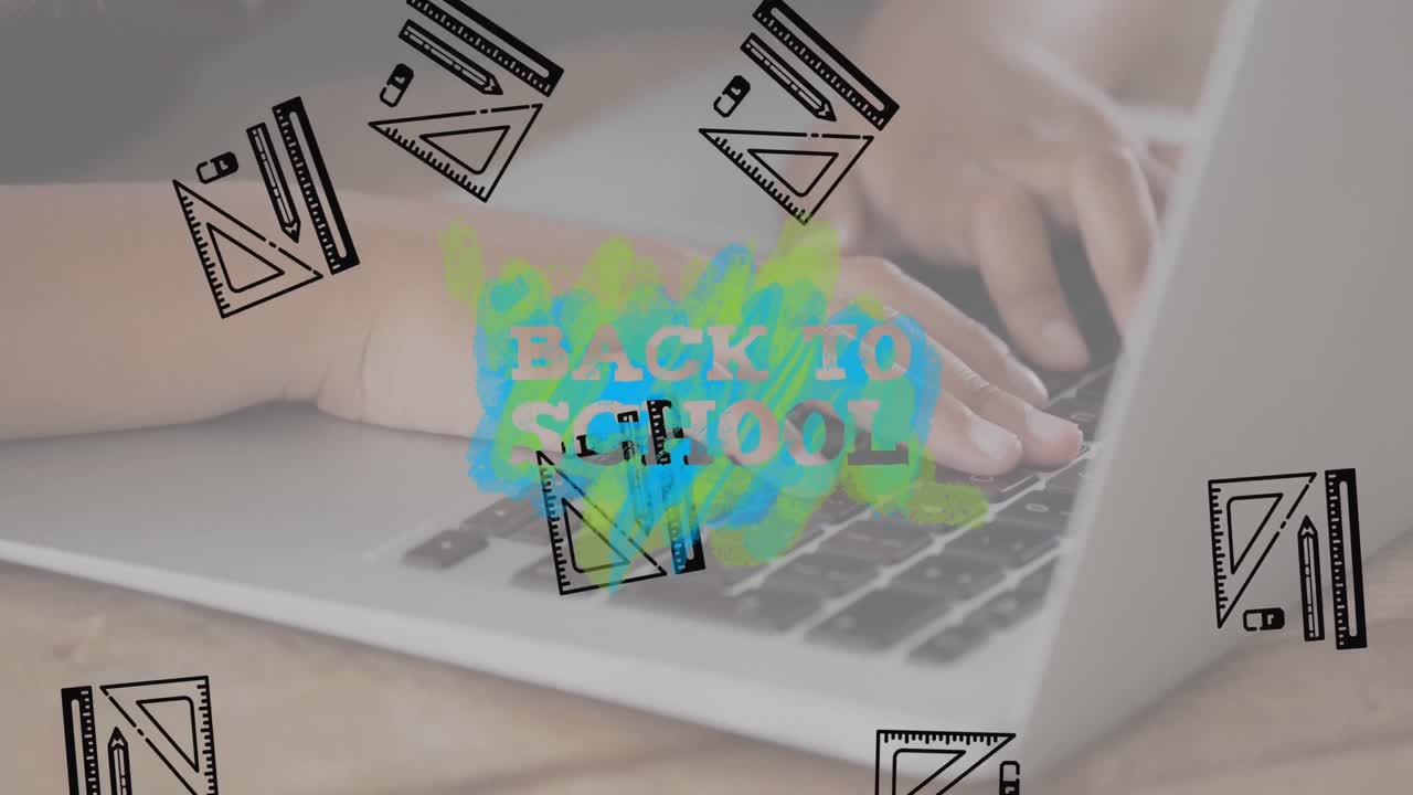 노트북을 사용하는 학생을 통해 학교 텍스트와 학교 아이템 아이콘의 애니메이션