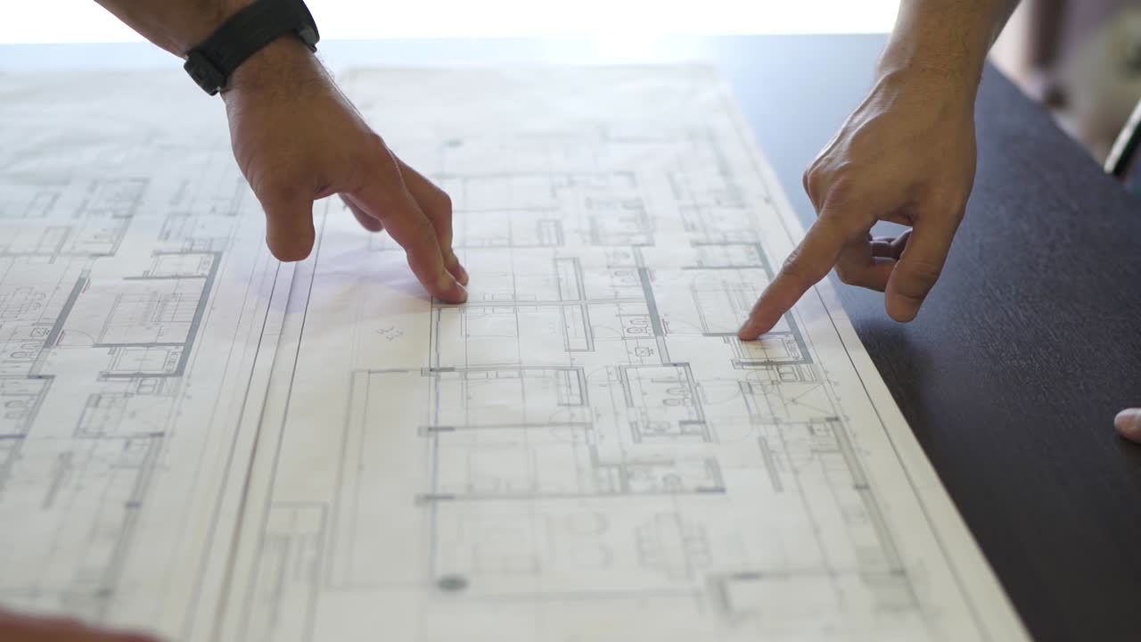 siguiendo el dedo de un arquitecto a través de un plan detallado de la casa, el viaje del diseño arquitectónico se desarrolla