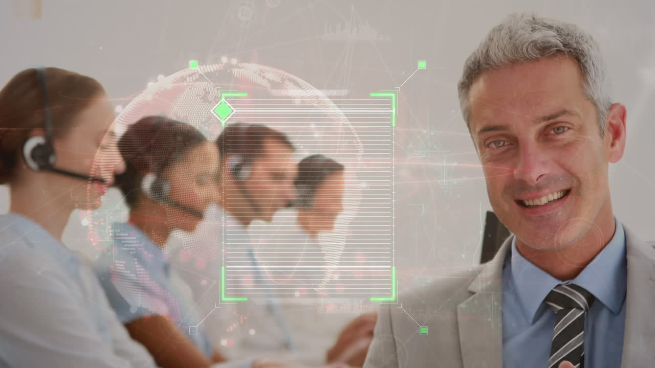 animación del procesamiento de datos sobre diversas personas de negocios que usan auriculares telefónicos