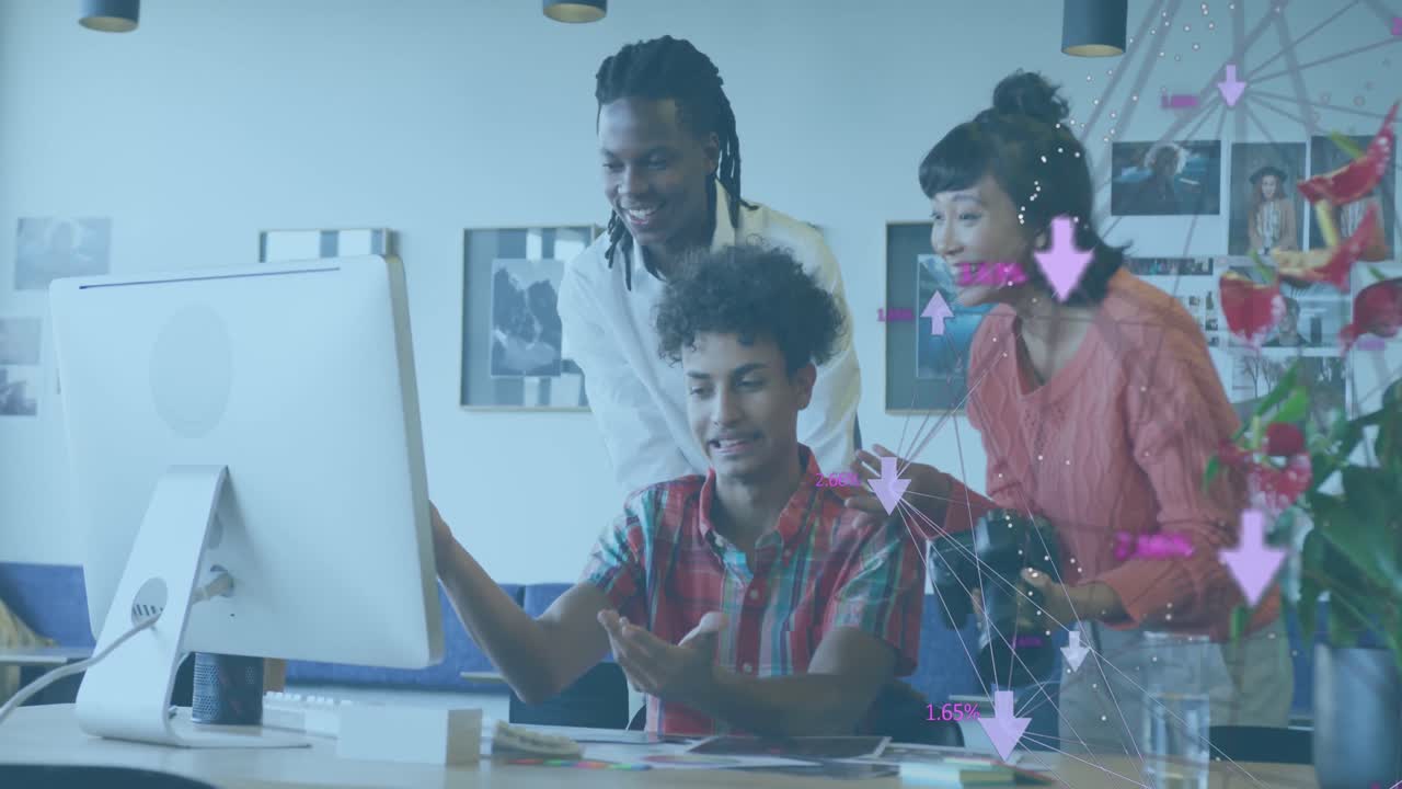 Animation of media icons over diverse business people working in office