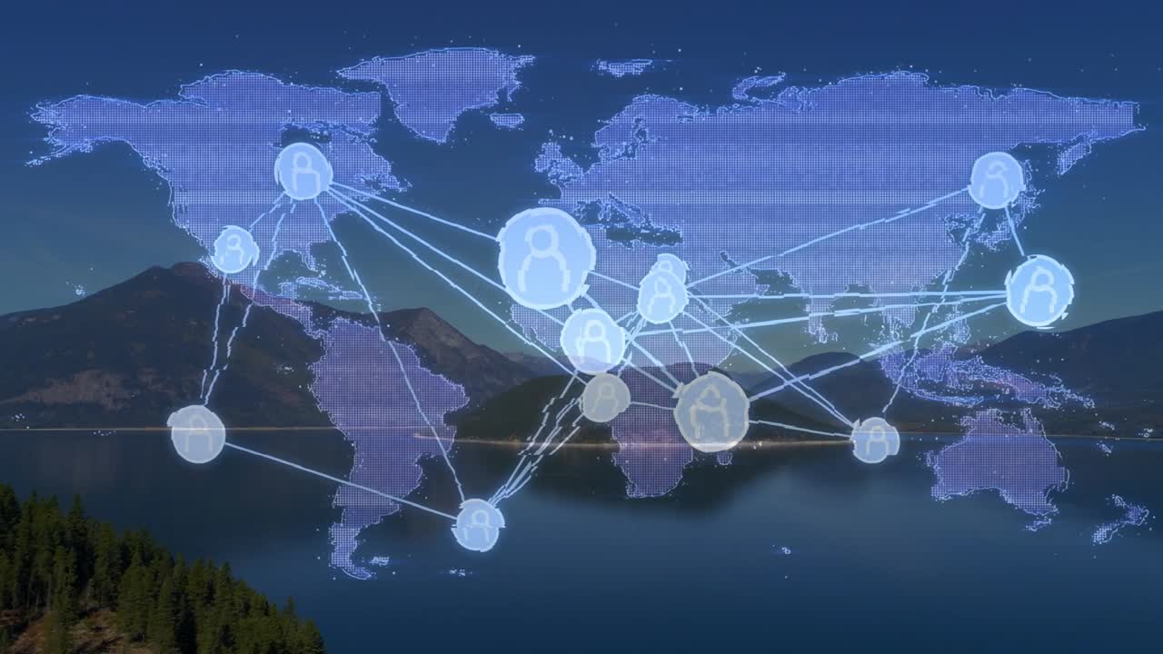 World map fading in, nodes pulsing and linking continents visualizing global data over lake