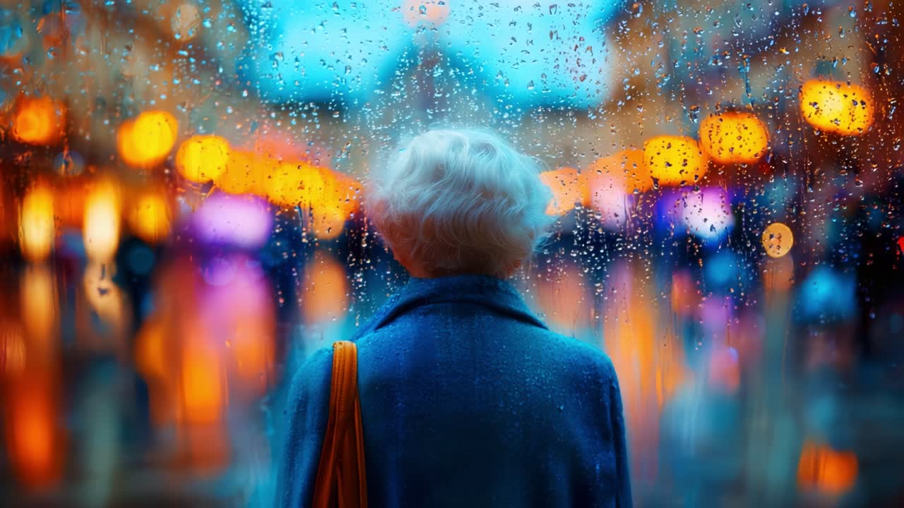 A contemplative moment captured through a rain-soaked window, revealing an elderly figure gazing out at a vibrant cityscape filled with warm, glowing lights and a sense of nostalgia