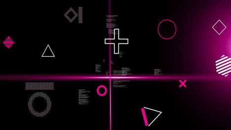 animation of pink scanner beams and shapes rotating over text data processing on dark background