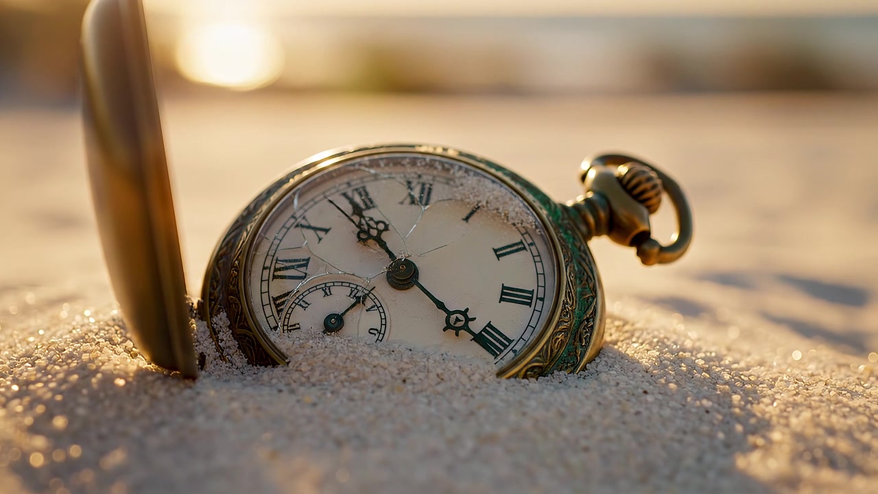 Antico orologio da tasca rotto mezzo sepolto nella sabbia della spiaggia
