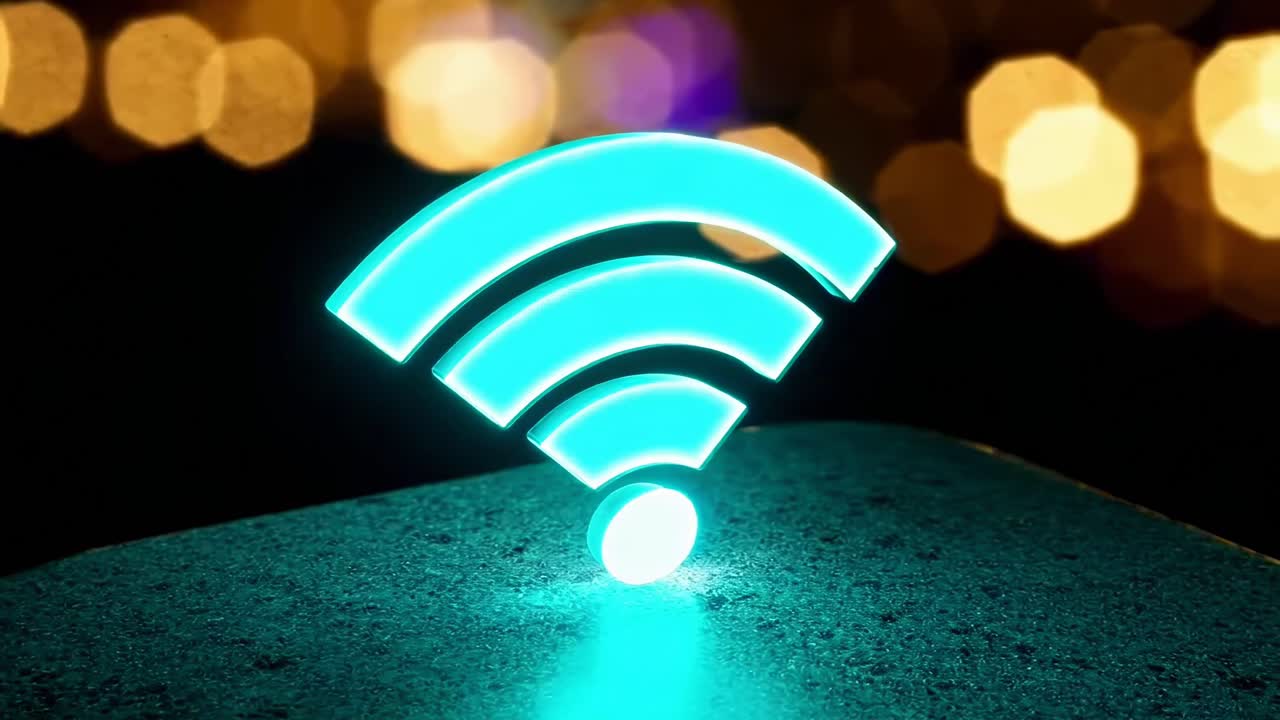 Lavvinkelbillede af et glødende Wi-Fi-symbol på en overflade, med bokeh-lys, ideel til teknologivideo.