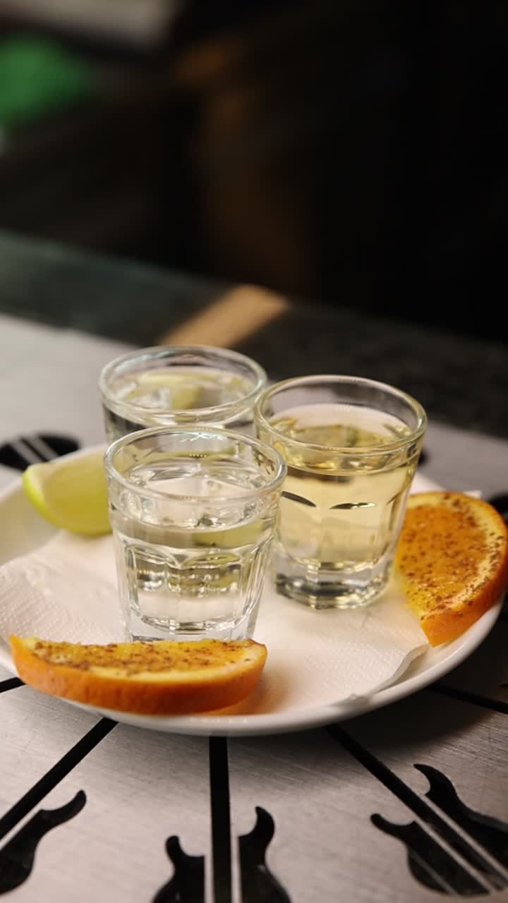 Tre bicchierini da shot con tequila, fette d'arancia e lime su un piatto