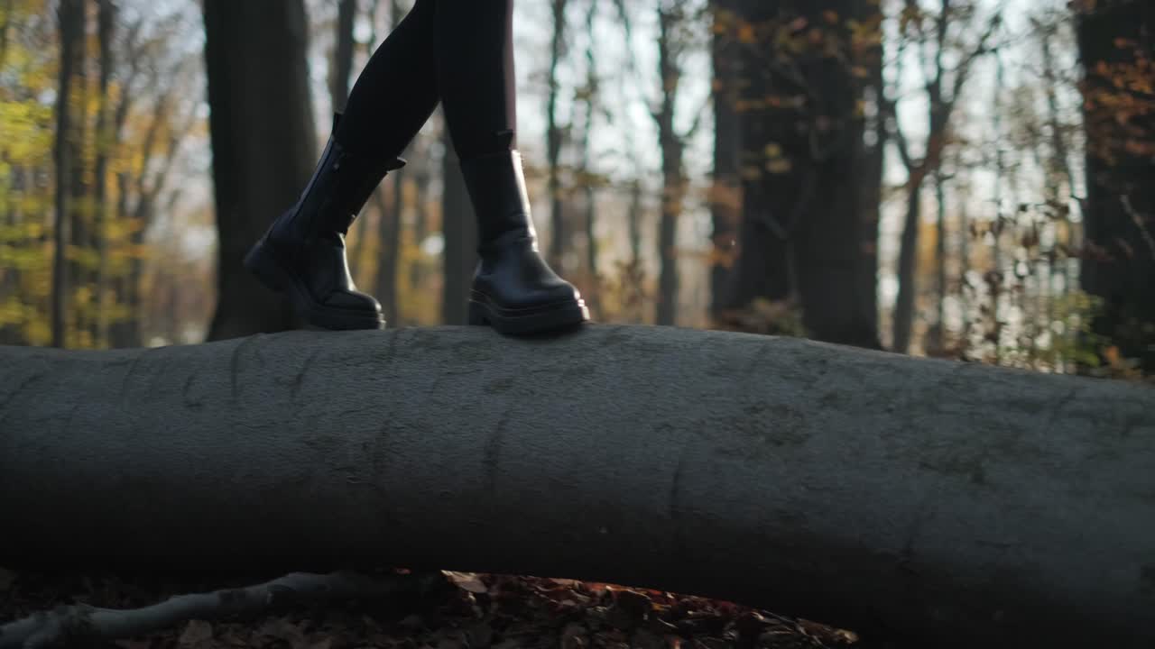 Fall Boots in Forest A close-up of woman's boots while trying to keep balance on a log