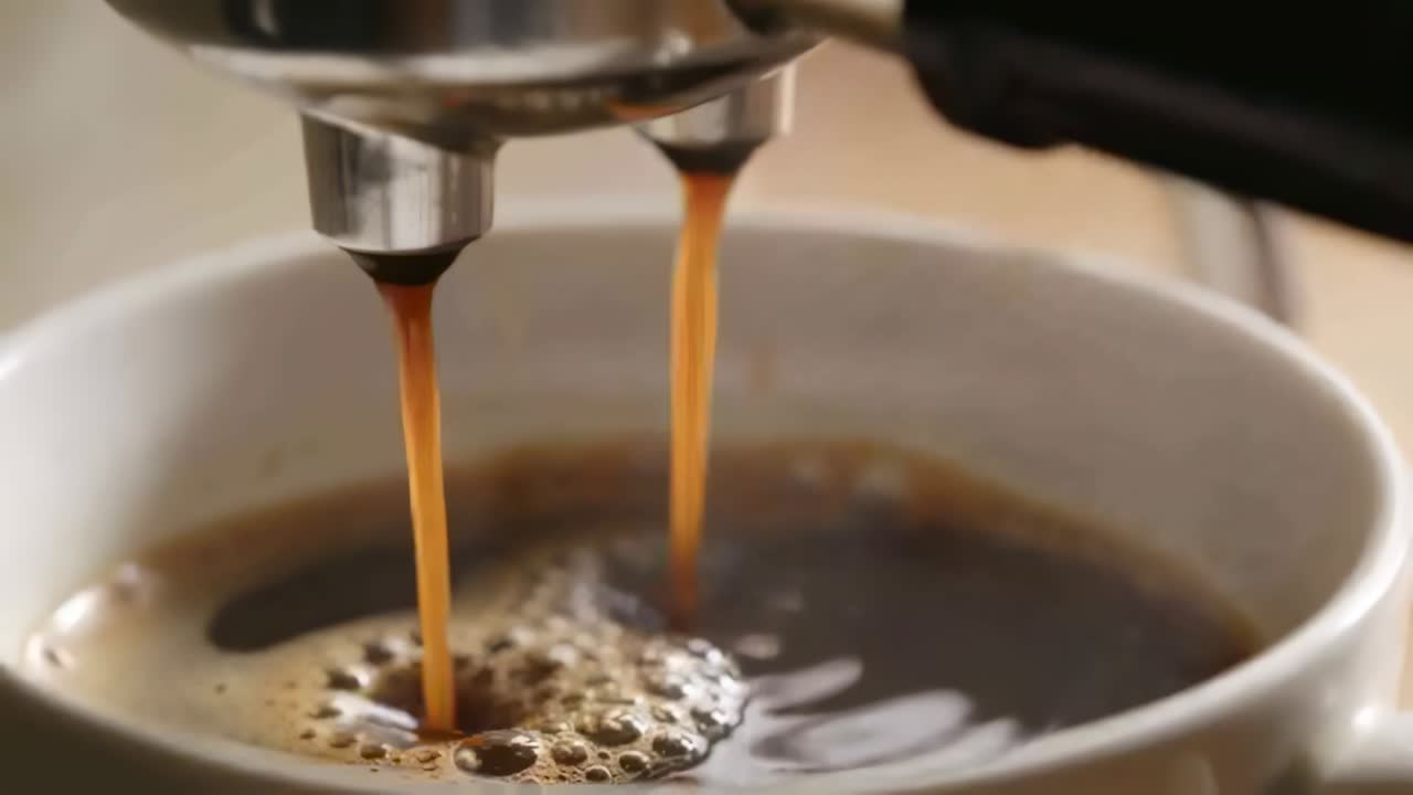 Memulai ekstraksi, corong kepala grup menuangkan espresso ke dalam cangkir di meja hingga penuh, crema terbentuk.
