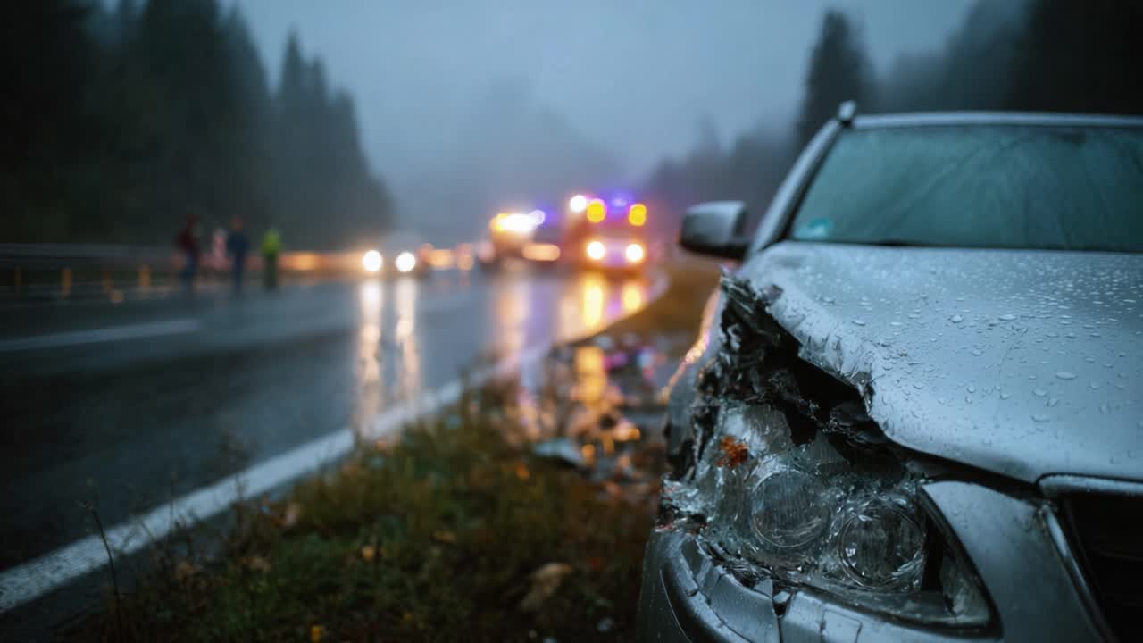 Cena dramática de um acidente de carro em condições de chuva, com veículos de emergência atendendo à beira de uma estrada molhada e com neblina, em meio a um tempo nublado.